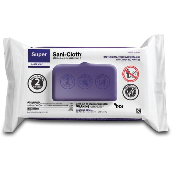 PDI Super Sani-Cloth Germicidal Disposable Wipes, Large, 8.2 x 9.8, Unscented, White, 80/Pack (PDIA22480) Pack of 80