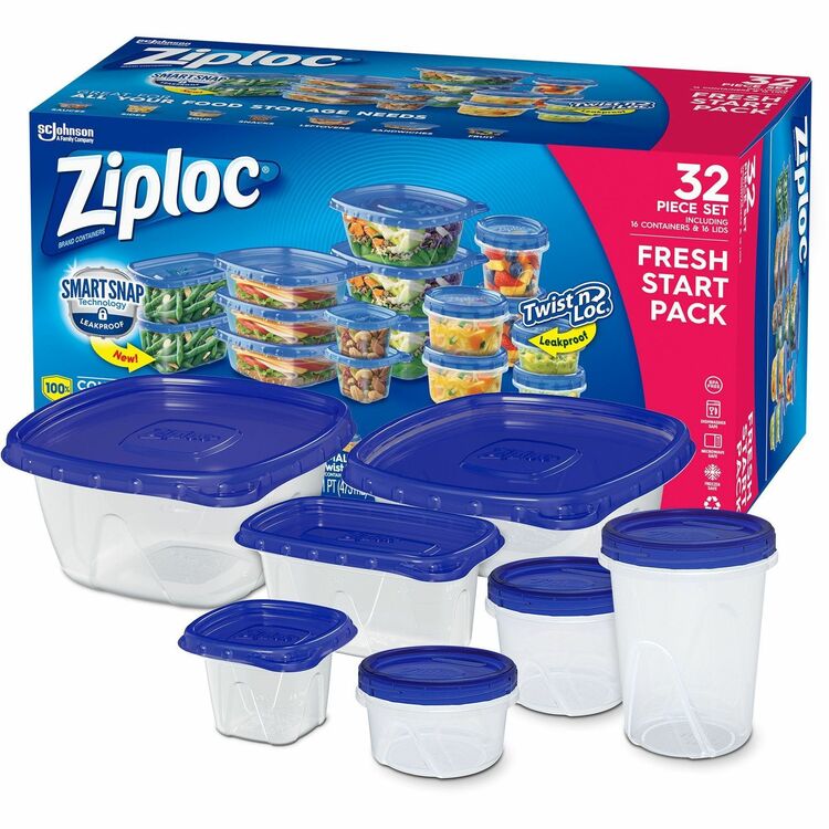 Ziploc&reg; Fresh Start Pack, Food Storage, Dishwasher Safe, Microwave Safe, Clear, Blue, 16/Pack (SJN326445)