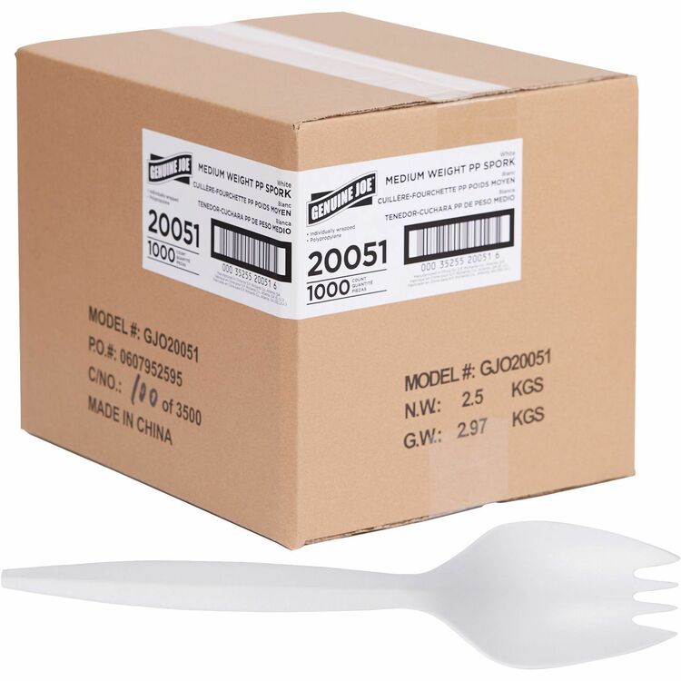 Genuine Joe Individually Wrapped Sporks, 1000/Carton, Spork, Breakroom, Disposable, White (GJO20051)