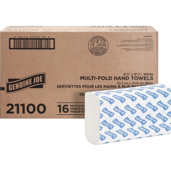 Genuine Joe Multifold Towels, 1 Ply, Multifold, 9.20" x 9.40", White, 250 Per Bundle, 60/Pallet (GJO21100PL)