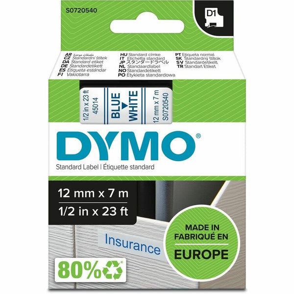 Dymo D1 Electronic Tape Cartridge, 1/2" Width x 23 ft Length, Blue, White, Easy Peel, Durable (DYMS0720540)