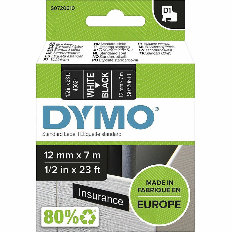 Dymo S0720610 D1 45021 Tape 12mm x 7m White on Black, 15/32" Width x 22 31/32 ft Length, White on Black, Easy Peel, Durable (DYMS0720610)