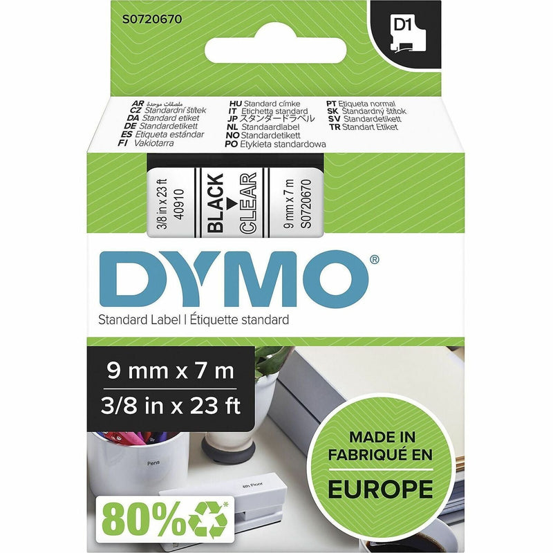 Dymo S0720670 D1 40910 Tape 9mm x 7m Black on Clear, 23/64" Width x 22 31/32 ft Length, Black on Clear, Easy Peel, Durable (DYMS0720670)