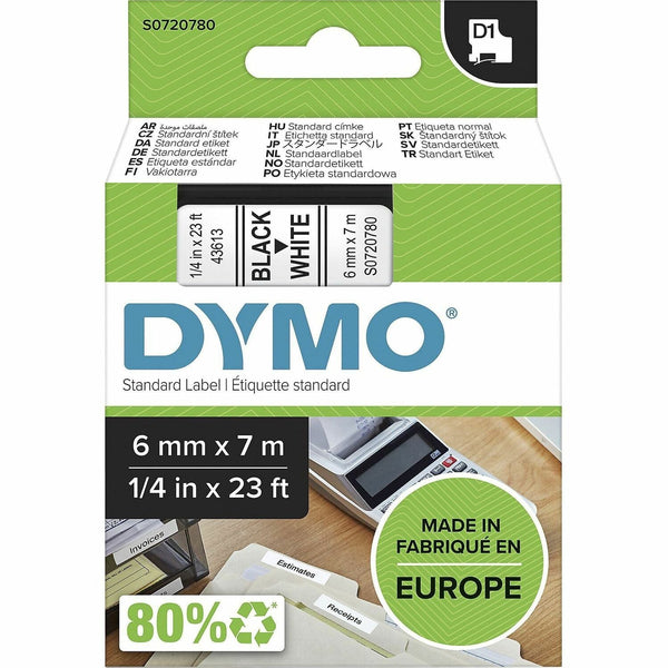 Dymo S0720780 D1 43613 Tape 6mm x 7m Black on White, 15/64" Width x 22 31/32 ft Length, Black on White, 1 Cassette, Easy Peel, Durable (DYMS0720780)