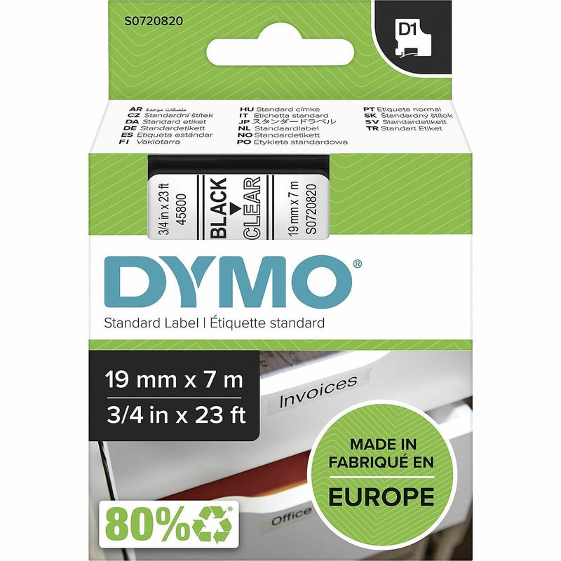 Dymo S0720820 D1 45800 Tape 19mm x 7m Black on Clear, 3/4" Width x 22 31/32 ft Length, Black on Clear, Easy Peel, Durable (DYMS0720820)