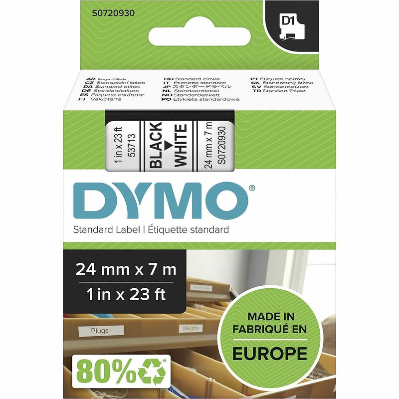 Dymo S0720930 D1 53713 Tape 24mm x 7m Black on White, 15/16" Width x 22 31/32 ft Length, Black on White, Easy Peel, Durable (DYMS0720930)