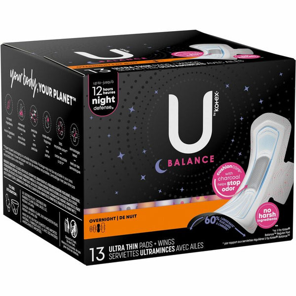 U by Kotex Ultra Thin Overnight Pads, WithWings, Individually Wrapped, Anti-leak, Absorbent, Odor-absorbing (KCC54912) Each