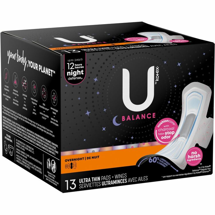 U by Kotex Ultra Thin Overnight Pads, WithWings, Individually Wrapped, Anti-leak, Absorbent, Odor-absorbing (KCC54912) Each