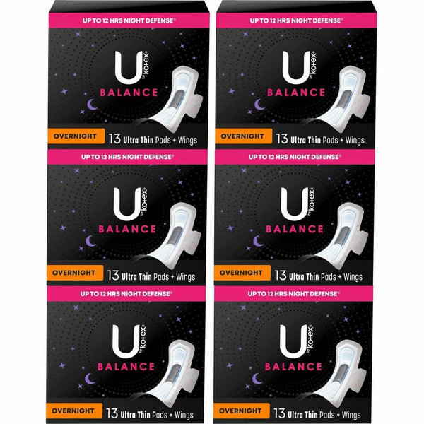 U by Kotex Ultra Thin Overnight Pads, WithWings, 6/Carton, Absorbent, Odor-absorbing, Individually Wrapped, Anti-leak (KCC54912CT) Case of 6