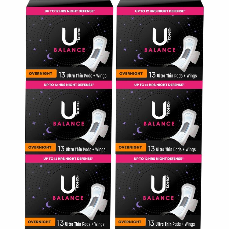 U by Kotex Ultra Thin Overnight Pads, WithWings, 6/Carton, Absorbent, Odor-absorbing, Individually Wrapped, Anti-leak (KCC54912CT) Case of 6