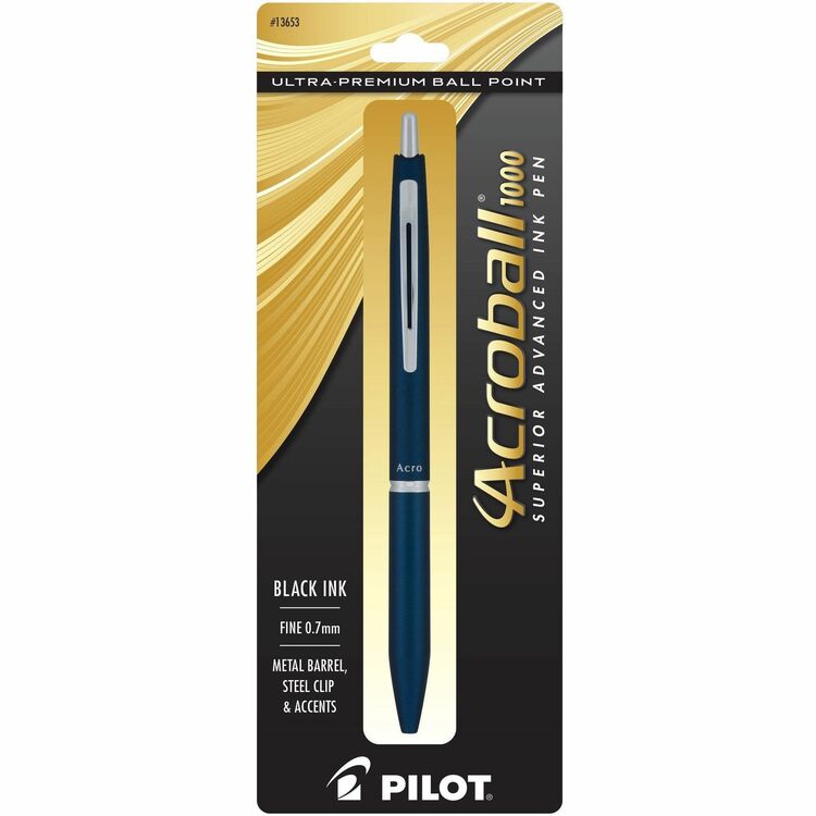 Acroball Ballpoint Pen, Fine Pen Point, 0.7 mm Pen Point Size, Refillable, Retractable, Black Gel-based Ink, Navy Metal Barrel, Tungsten Carbide Tip (PIL13653) Each