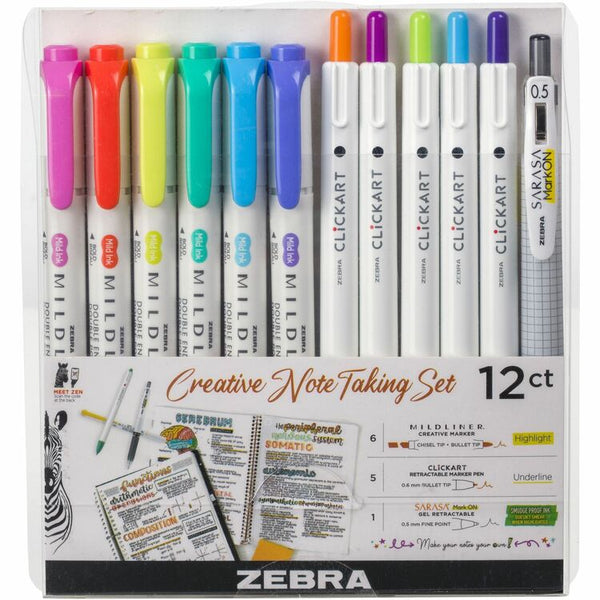 Zebra Creative Note Taking Set, Fine Pen Point, Fine Marker Point, Chisel, Bullet Marker Point Style, Assorted Gel-based Ink, 12/Pack (ZEB12012)