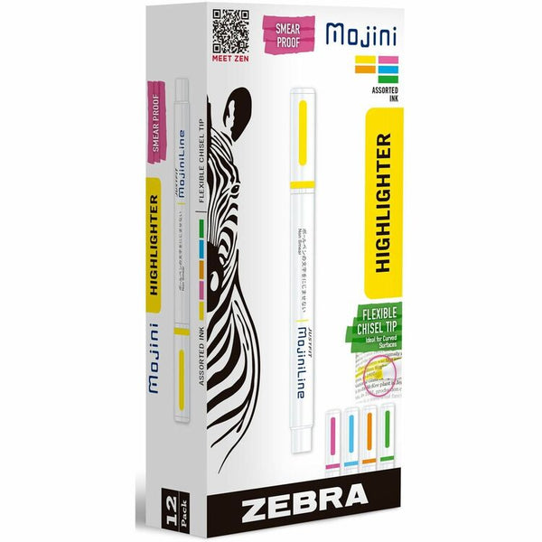 Zebra Pen Mojini Single Ended Highlighters, 4 mm Marker Point Size, Chisel Marker Point Style, Assorted Water Based Ink, 12/Dozen (ZEB70200)