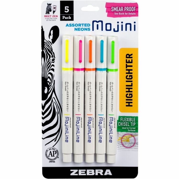 Zebra Pen Mojini Single Ended Highlighters, 4 mm Marker Point Size, Chisel Marker Point StyleWater Based Ink, 5/Pack (ZEB70205) Pack of 5