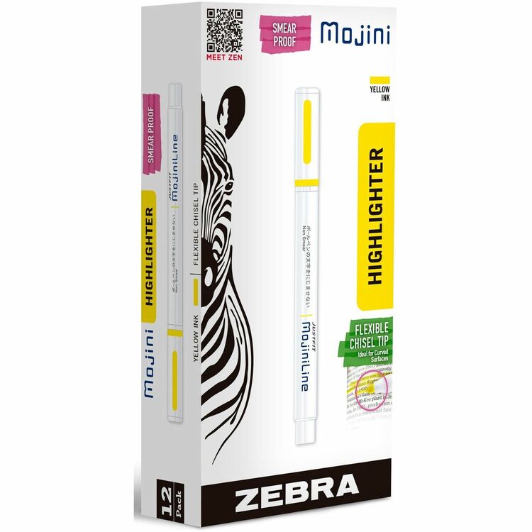 Zebra Pen Mojini Single Ended Highlighters, 4 mm Marker Point Size, Chisel Marker Point Style, Yellow, 12/Dozen (ZEB70250) Case of 12