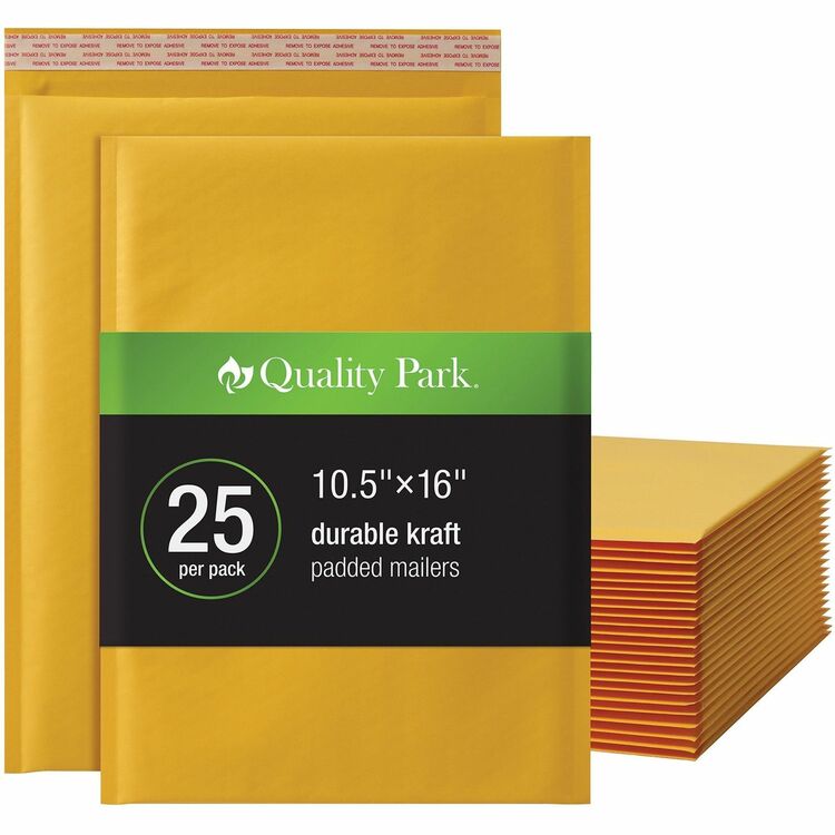 Quality Park Bubble Mailers, Bubble, 10 1/2" Width x 15" Length, Strip, 25/Box, Brown Kraft (QUA85763)