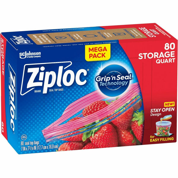 Ziploc&reg; Stand-Up Storage Bags, 1 quart Capacity, Blue, 80/Box, Kitchen, Storage (SJN351319) Box of 80