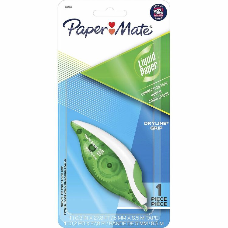 Paper Mate DryLine Grip Correction Tape, 0.20" Width x 27.80 ft Length, Green, White (PAP660415K) 1 Pack