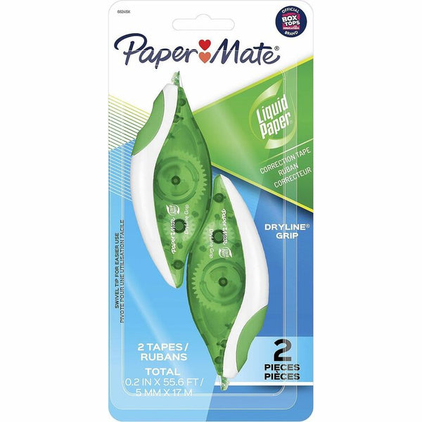 Paper Mate DryLine Grip Correction Tape, 0.20" Width x 27.80 ft Length, Green, White (PAP662415K)