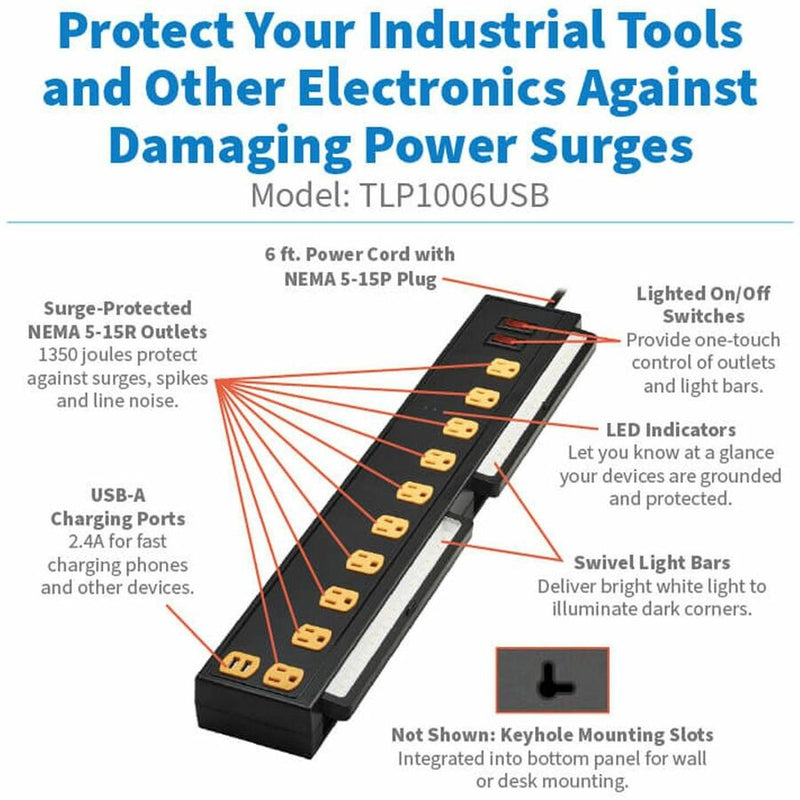 Tripp Lite by Eaton Protect It! TLP1006USB 10-Outlets Surge Suppressor/Protector, 10 x NEMA 5-15R, 1350 J, 120 V AC Input, USB, 6 ft (TRPTLP1006USB) Each