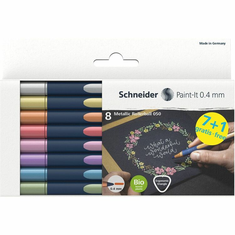 Schneider Metallic Rollerball Pens, 0.4 mm Pen Point Size, Assorted Metallic, Bioplastic Barrel, 8/Pack (REDML05011502) Pack of 8