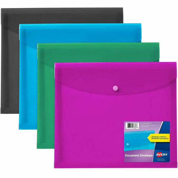 Avery&reg; Letter, A4 Recycled Filing Envelope, 450 Sheet Capacity, Plastic, Polypropylene, Black, Aqua, Sage, Plum, 100% Recycled, 4 Pack (AVE73556)