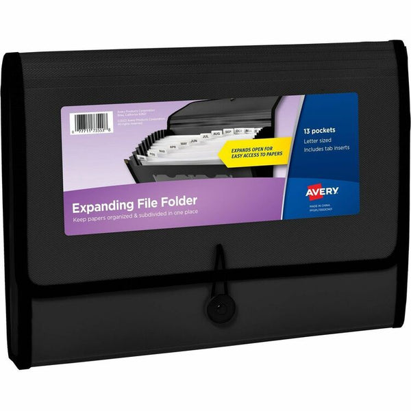 Avery&reg; Letter, A4 Recycled Expanding File, 425 Sheet Capacity, 13 Pocket(s), Polypropylene, Plastic, Fabric, Black, 100% Recycled (AVE73553)