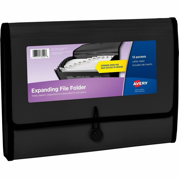 Avery&reg; Letter, A4 Recycled Expanding File, 425 Sheet Capacity, 13 Pocket(s), Polypropylene, Plastic, Fabric, Black, 100% Recycled (AVE73553)