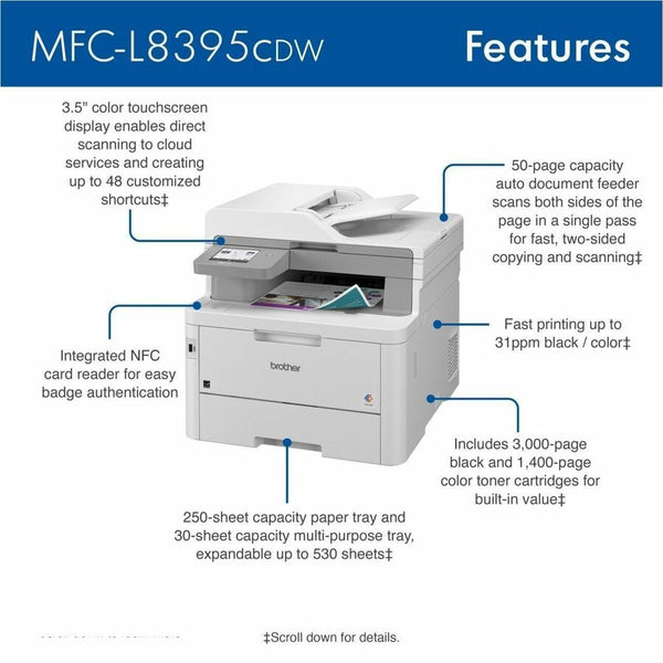 Brother Workhorse MFC-L8395CDW Digital Color All-in-One Printer, Copy/Fax/Print/Scan (BRTMFCL8395CDW) Each