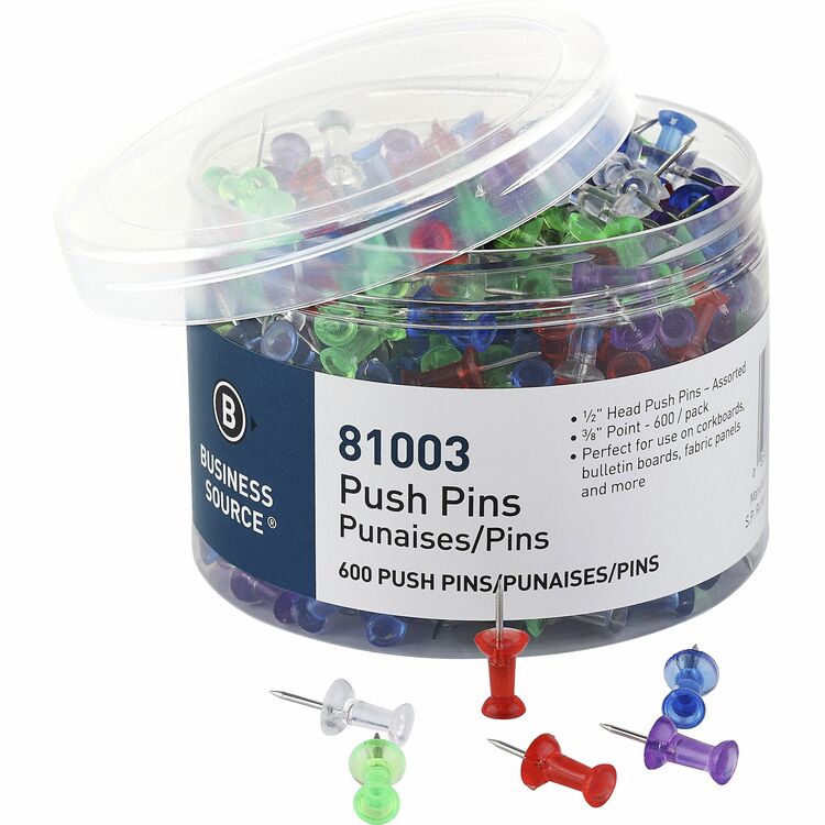 Business Source 1/2" Head Pushpins, 0.50" Head, for Notes, Photo, Corkboard, Bulletin Board, Fabric Panel, 600/Pack, Assorted (BSN81003) Pack of 600