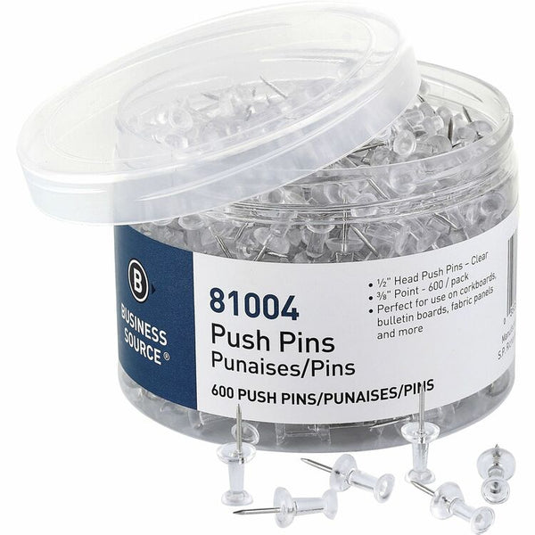 Business Source 1/2" Head Pushpins, 0.50" Head, for Notes, Photo, Corkboard, Bulletin Board, Fabric Panel, 600/Pack, Clear (BSN81004) Pack of 600