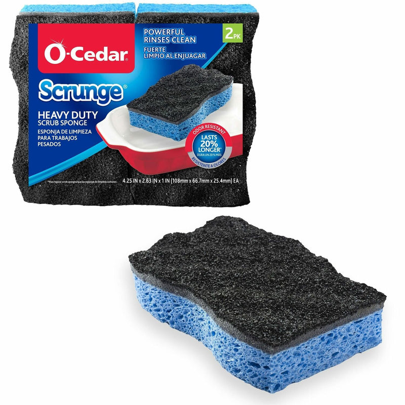 O-Cedar Scrunge Heavy-Duty Scrub Sponge, 4.2" Width x 2.6" Depth x 7.5" Length, 2/Pack, Cellulose, Multi, Blue, Black (FHP148377) Pack of 2