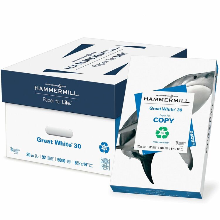 Hammermill Great White 30 Copy Paper, 92 Brightness, 88% Opacity, 8 1/2" x 14", 10/Carton, 500 Sheets per Ream (HAM86704CT)