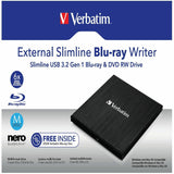 Verbatim Blu-ray Writer, External, 1, Black, BD-R, CD-R, DVD+R, DVD-R Support/24x CD Write/6x BD Write/8x DVD Write, USB 3.2 Gen 1, USB 2.0, Slimline, BUS Powered (VER43890) Each