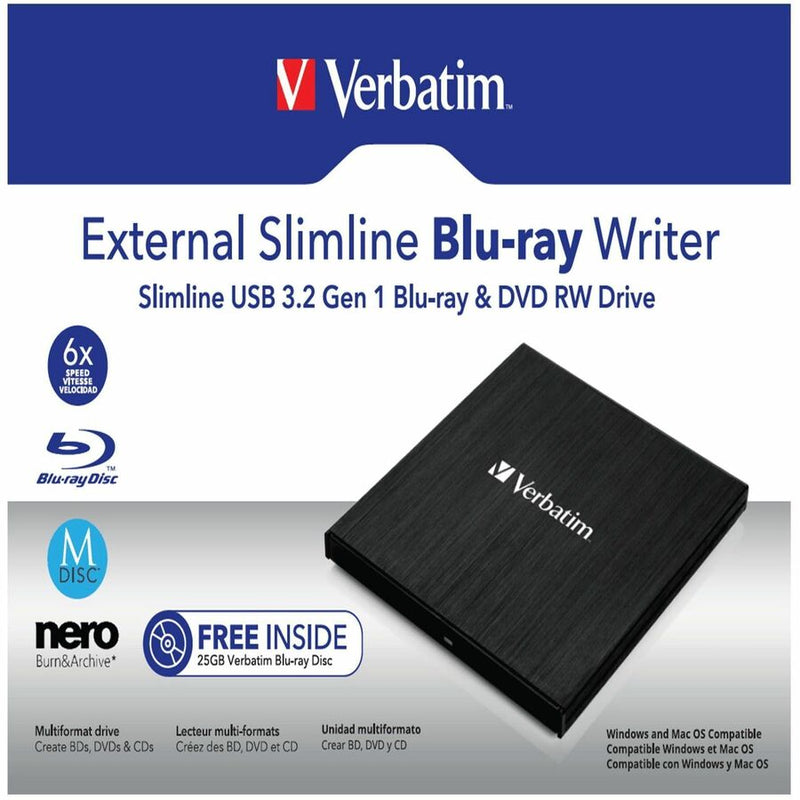 Verbatim Blu-ray Writer, External, 1, Black, BD-R, CD-R, DVD+R, DVD-R Support/24x CD Write/6x BD Write/8x DVD Write, USB 3.2 Gen 1, USB 2.0, Slimline, BUS Powered (VER43890) Each