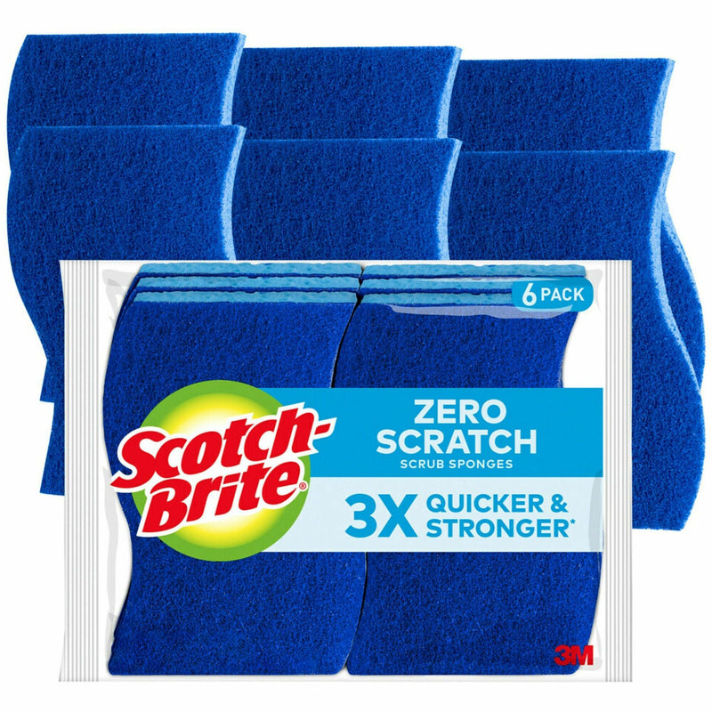 Scotch-Brite Zero Scratch Non-Scratch Scrub Sponges, 0.7" Height x 4.4" Width x 2.6" Depth, 6/Pack, Fiber, Blue (MMM5266) Pack of 6