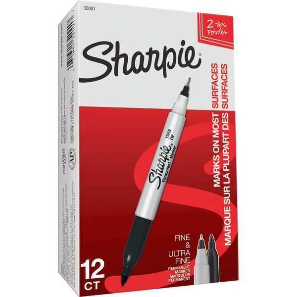 Sharpie Twin-Tip Permanent Marker, Fine/Extra-Fine Bullet Tip, Black, Dozen (SAN32001BX) Box of 12