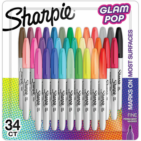 Sharpie Glam Pop Permanent Markers, Fine Marker Point, Assorted Ink, 34/Pack (SAN2185331) Pack of 34