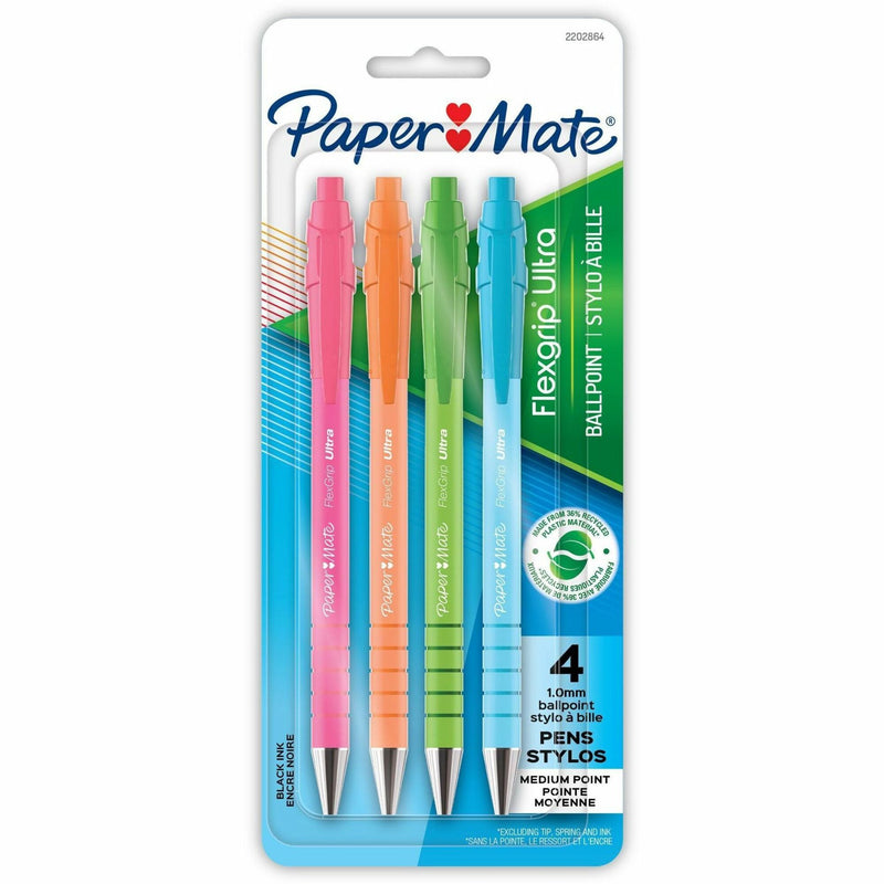 Paper Mate Flexgrip Ultra Recycled Pens, 1 mm Medium Pen Point, Retractable, Black Ink, Green Rubberized, Pink, Orange, Blue, Assorted Barrel, 4/Pack (PAP2202864) Pack of 4