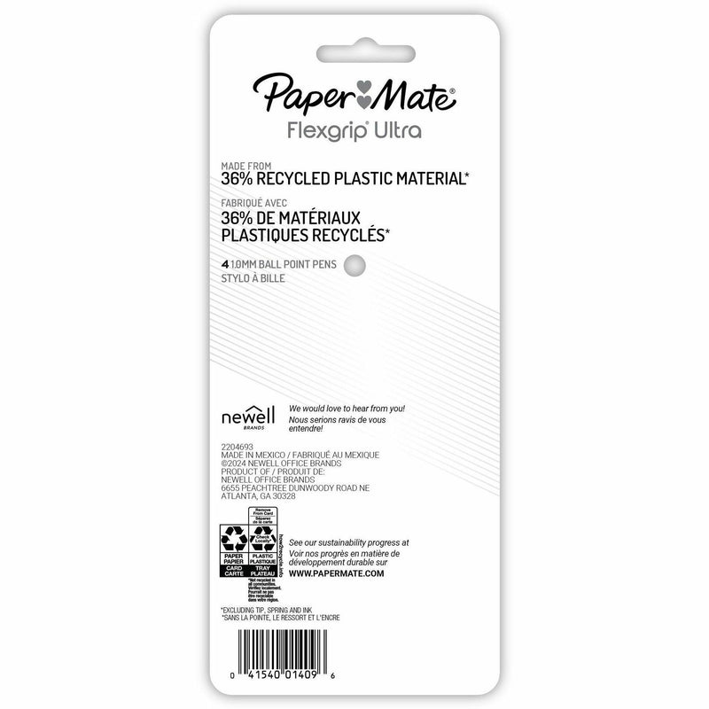 Paper Mate Flexgrip Ultra Recycled Pens, 1 mm Medium Pen Point, Retractable, Black Ink, Green Rubberized, Pink, Orange, Blue, Assorted Barrel, 4/Pack (PAP2202864) Pack of 4