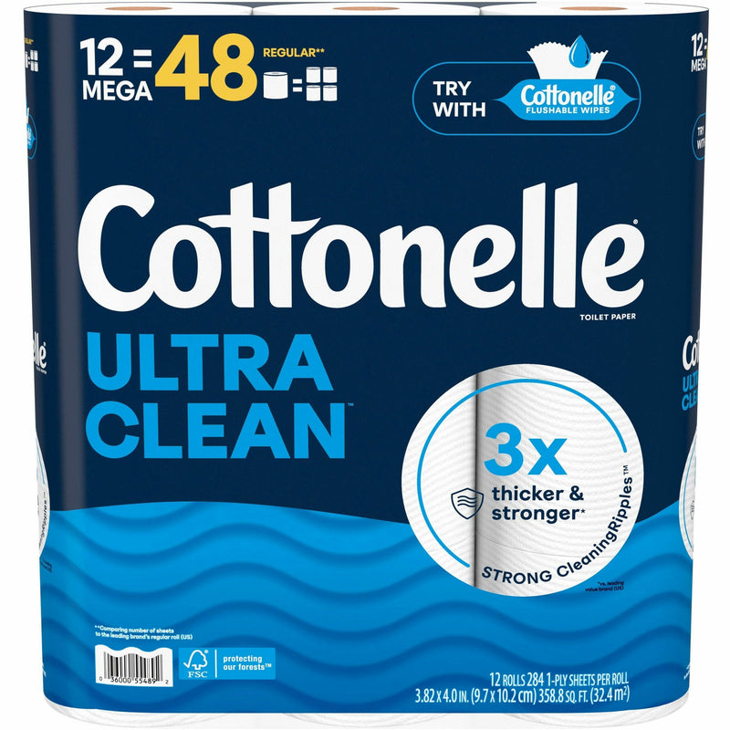 Cottonelle Ultra Clean Toilet Paper, 1 Ply, 248 Sheets/Roll, White, Paper, Fiber, 12/Pack, 4/Carton (KCC55489CT) Case of 4