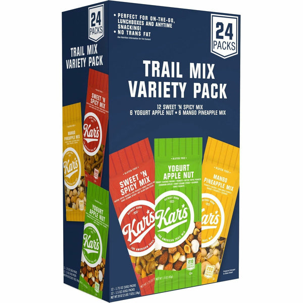 Kar's Nuts Trail Mix Variety Pack, Individually Wrapped, Mango Pineapple, Spicy, Yogurt Apple, 24/Box (KAR08363) Box of 24