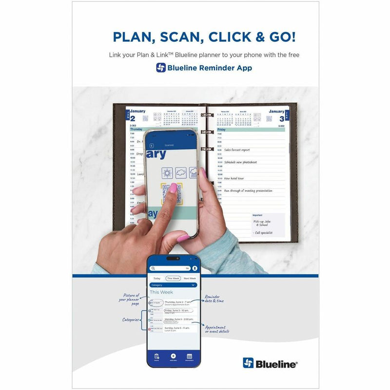 Blueline Plan and Link Daily Appointment Planner 12 Month, January - December, 7:00 AM to 7:30 PM, Half-hourly, 1 Day Single Page Layout, 5" x 8" Sheet Size (REDC1504W81) Each