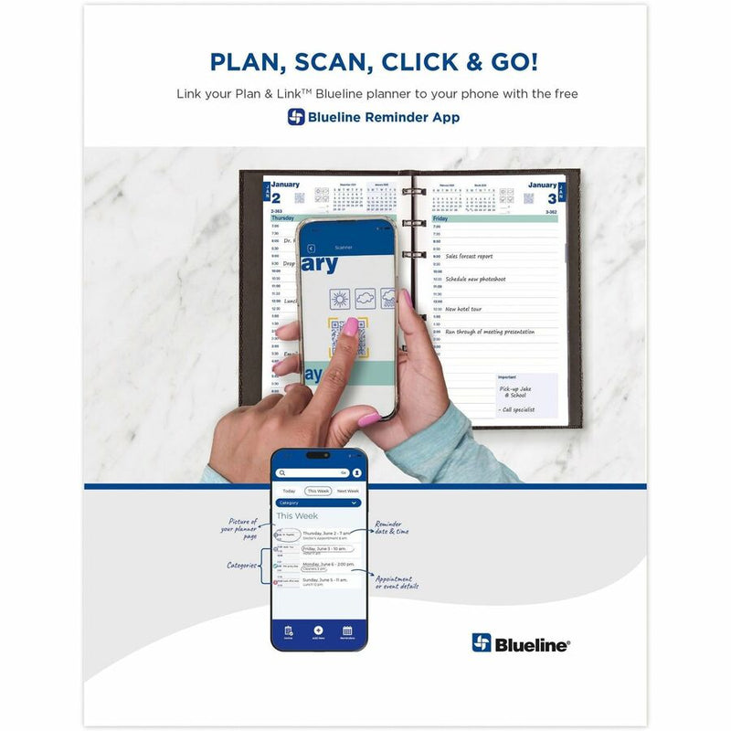 Blueline Plan and Link Weekly Appointment Planner, Weekly, 12 Month, January - December, 7:00 AM to 8:45 PM, 1 Week Double Page Layout, 7 1/4" x 9 1/4" Sheet Size (REDC527581T) Each