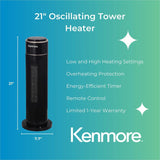 Kenmore 21" Oscillating Tower Heater, 2 x Heat Settings, Black (ESMKM65010BK) Each