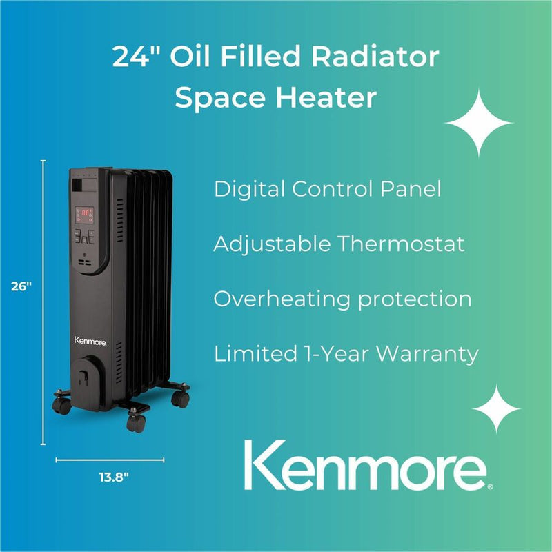 Kenmore 24" Oil-Filled Radiator Space Heater, Oil Filled, 1500 W, Black (ESMKM65019BK) Each