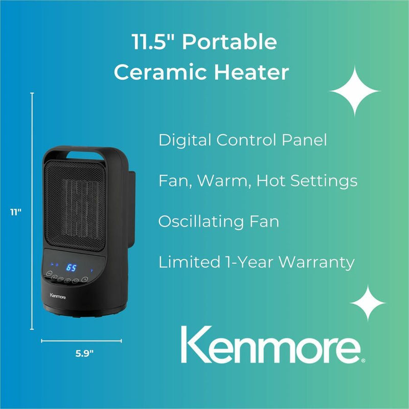 Kenmore 11-1/2" Portable Ceramic Heater, Ceramic, 3 x Heat Settings, Black (ESMKM65015BK) Each