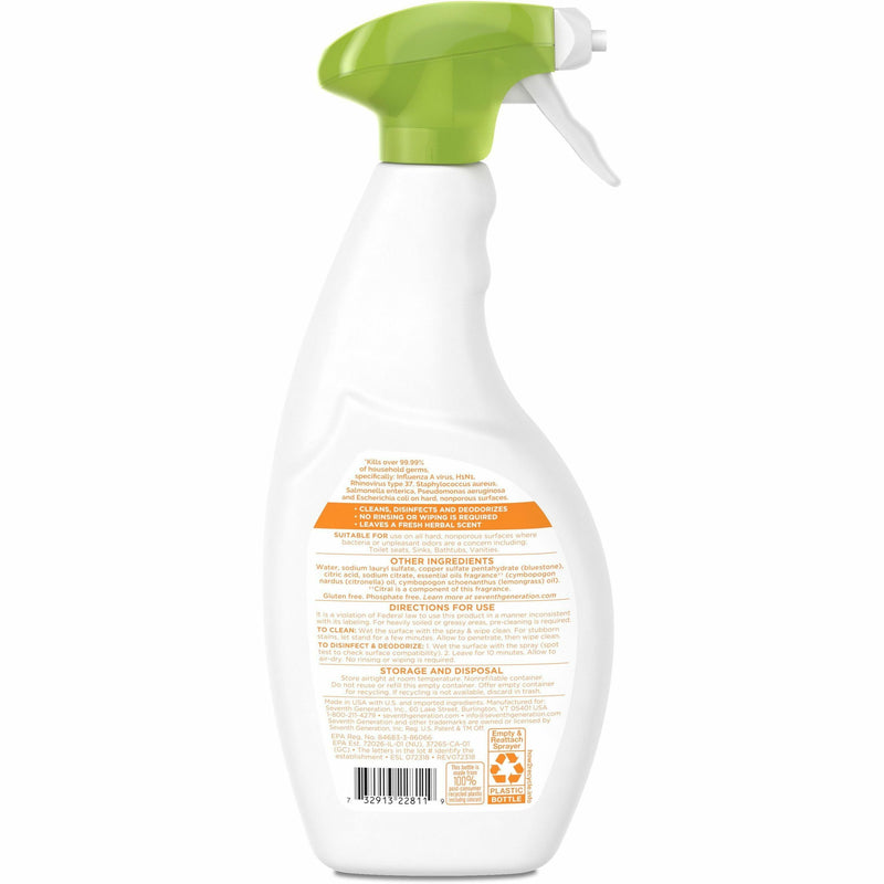 Seventh Generation Botanical Disinfecting Cleaner Spray, Lemongrass Citrus, 26oz Bottle, 8/ctn (SEV22811CT) Case of 8