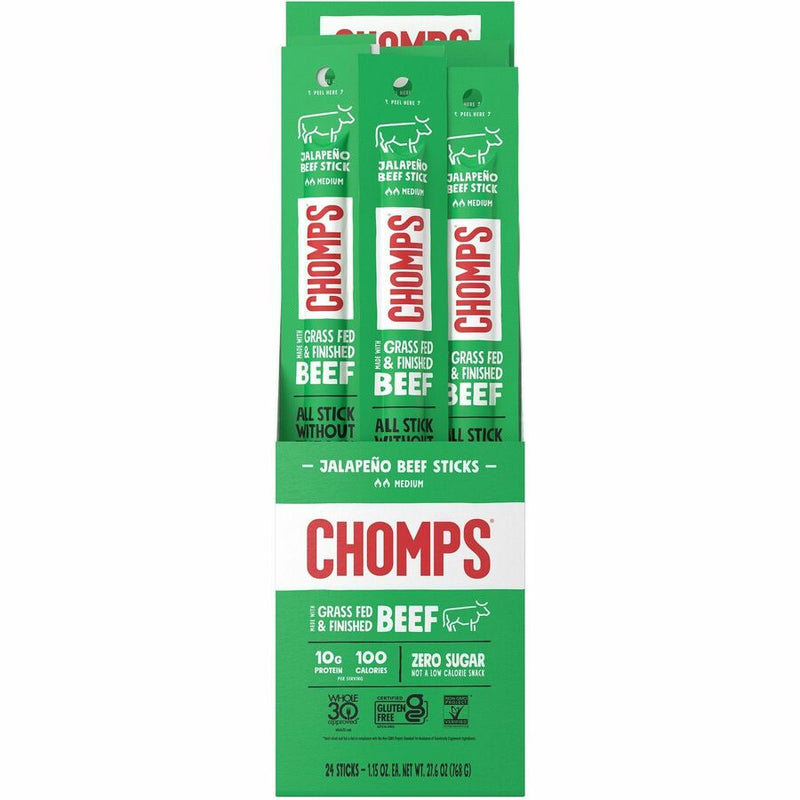 CHOMPS Chomplings Snack Sticks, Gluten-free, No MSG, Preservative-free, Dairy-free, Low Sodium, Low Fat, Jalapeno, Beef, 1.15 oz, 24/Pack (CHSCJ24) Pack of 24