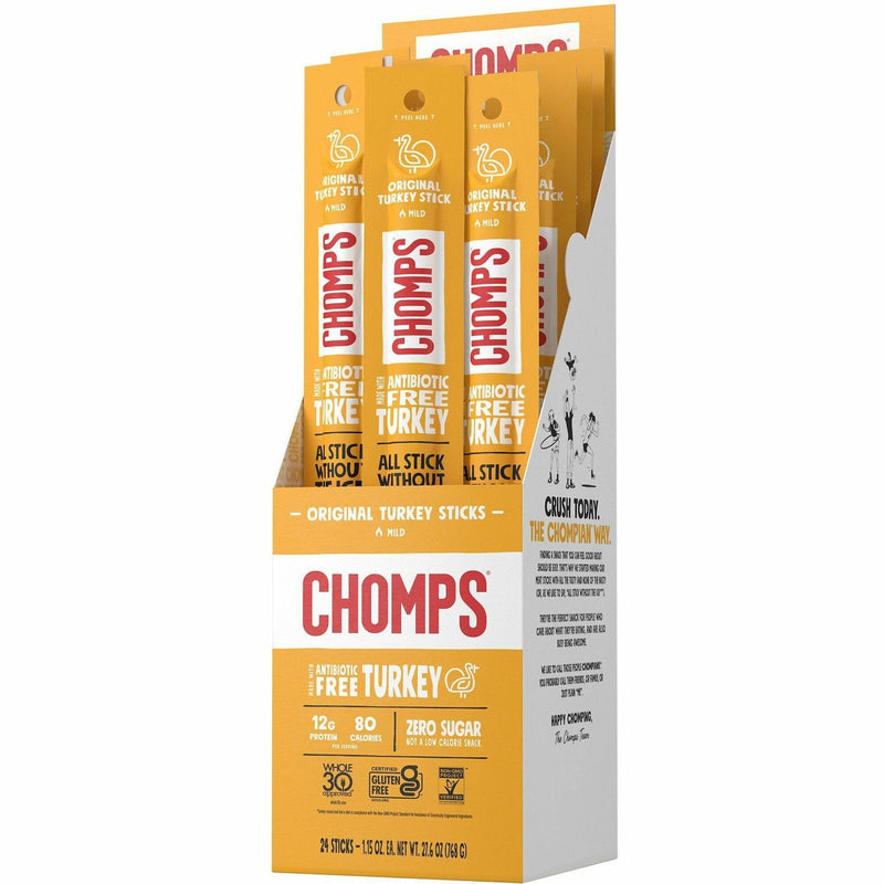 CHOMPS Chomplings Snack Sticks, Gluten-free, No MSG, Preservative-free, Dairy-free, Low Sodium, Low Fat, Original Turkey, 1.15 oz, 24/Pack (CHSCTOTJ24) Pack of 24